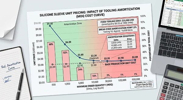 MOQ cost curve showing tooling amortization impact on silicone sleeve unit pricing